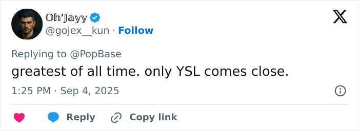 User posted a tweet praising a fashion legend, referencing Giorgio Armani as the greatest of all time. User posted a tweet praising a fashion legend, referencing Giorgio Armani as the greatest of all time.