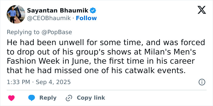 Tweet by Sayantan Bhaumik about Giorgio Armani being unwell and missing Milan Men's Fashion Week, related to legendary fashion designer Giorgio Armani. Tweet by Sayantan Bhaumik about Giorgio Armani being unwell and missing Milan Men's Fashion Week, related to legendary fashion designer Giorgio Armani.