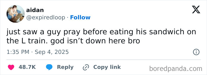 Screenshot of a funny tweet about praying before eating a sandwich on the L train, showcasing popular funny tweets from September.