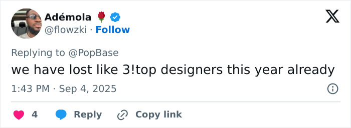 Tweet shown on social media with user commenting on loss of top designers, referencing Giorgio Armani passing away at 91. Tweet shown on social media with user commenting on loss of top designers, referencing Giorgio Armani passing away at 91.