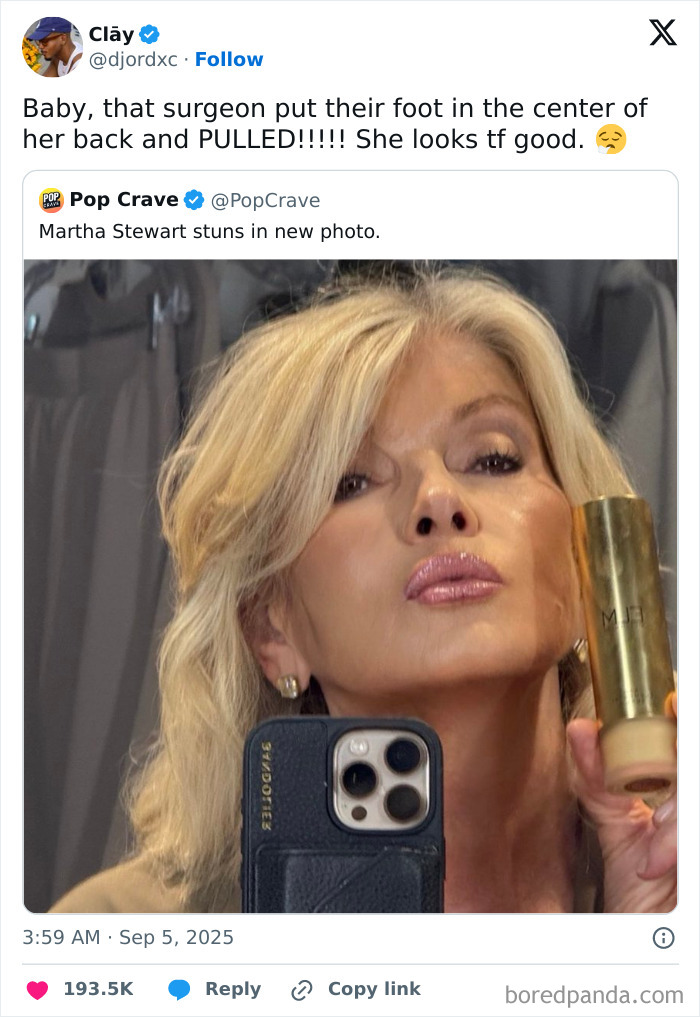 Screenshot of a funny tweet reacting to a photo of Martha Stewart with a playful comment from September tweets.