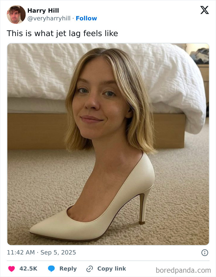 A funny surreal tweet showing a woman with her head on a high heel shoe, illustrating jet lag humor.