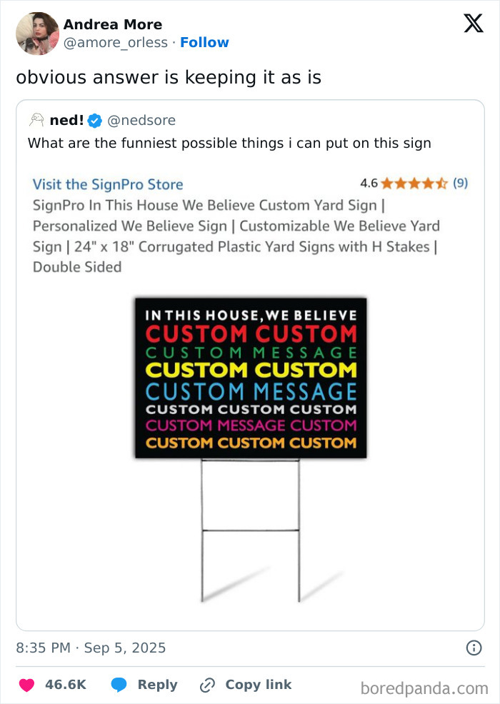 Screenshot of a funny tweet about a customizable yard sign with humorous repeated custom message text.