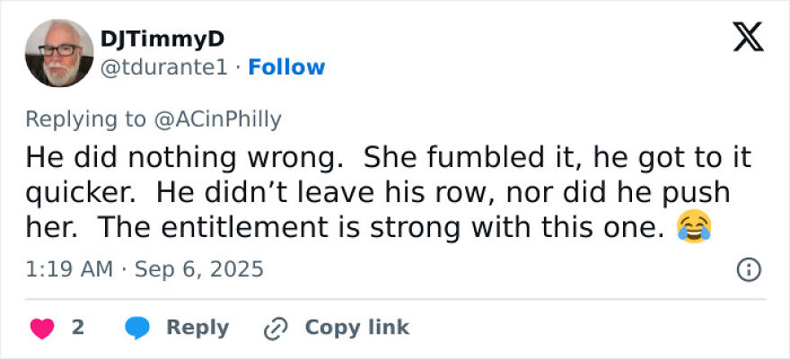 Tweet from DJTimmyD commenting on a home run ball incident linked to Woman Mistaken For Phillies Karen entitlement debate. Tweet from DJTimmyD commenting on a home run ball incident linked to Woman Mistaken For Phillies Karen entitlement debate.
