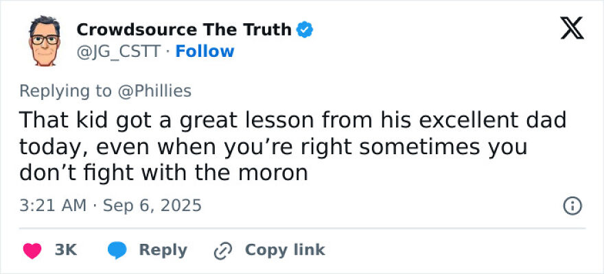 Tweet discussing a lesson from a dad amid Phillies Karen home run ball meltdown controversy. Tweet discussing a lesson from a dad amid Phillies Karen home run ball meltdown controversy.