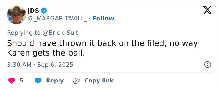 Screenshot of a tweet reacting to Phillies Karen snatching a home run ball from a birthday boy’s father. Screenshot of a tweet reacting to Phillies Karen snatching a home run ball from a birthday boy’s father.