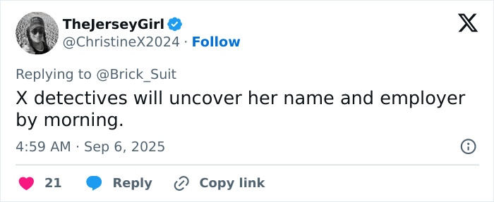 Twitter user TheJerseyGirl replies to a post, mentioning uncovering Phillies Karen's name and employer by morning. Twitter user TheJerseyGirl replies to a post, mentioning uncovering Phillies Karen's name and employer by morning.
