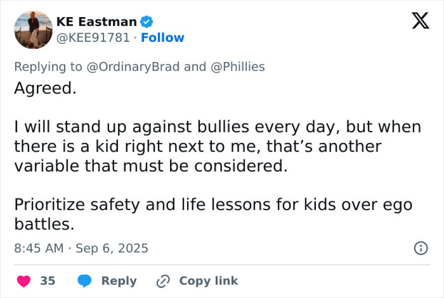 Tweet from KE Eastman discussing standing up against bullies while prioritizing safety and life lessons for kids during Phillies Karen incident. Tweet from KE Eastman discussing standing up against bullies while prioritizing safety and life lessons for kids during Phillies Karen incident.