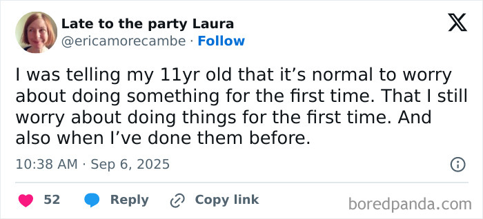 Screenshot of a parenting post about worrying when doing things for the first time, related to parenting posts humor.