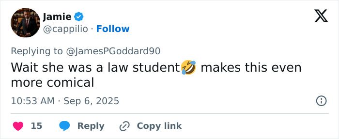 Tweet screenshot showing a user commenting on a law student with humor, related to a canceled GoFundMe page. Tweet screenshot showing a user commenting on a law student with humor, related to a canceled GoFundMe page.