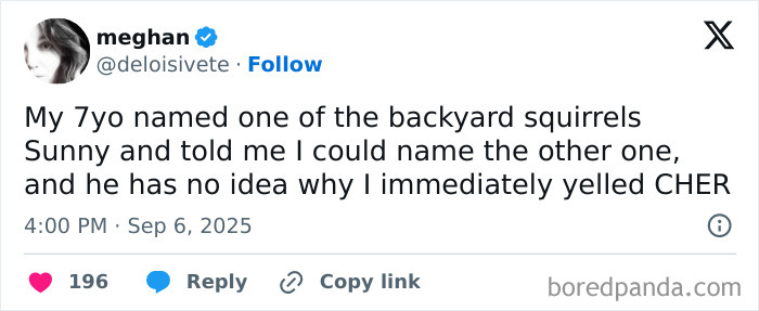 Tweet sharing a funny parenting moment about naming backyard squirrels, highlighting humor in parenting posts.