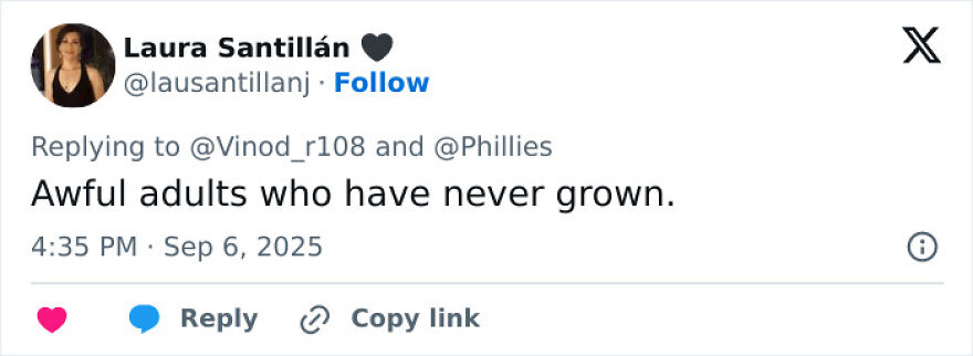 Tweet from Laura Santillán replying about Phillies Karen controversy, addressing home run ball meltdown incident. Tweet from Laura Santillán replying about Phillies Karen controversy, addressing home run ball meltdown incident.