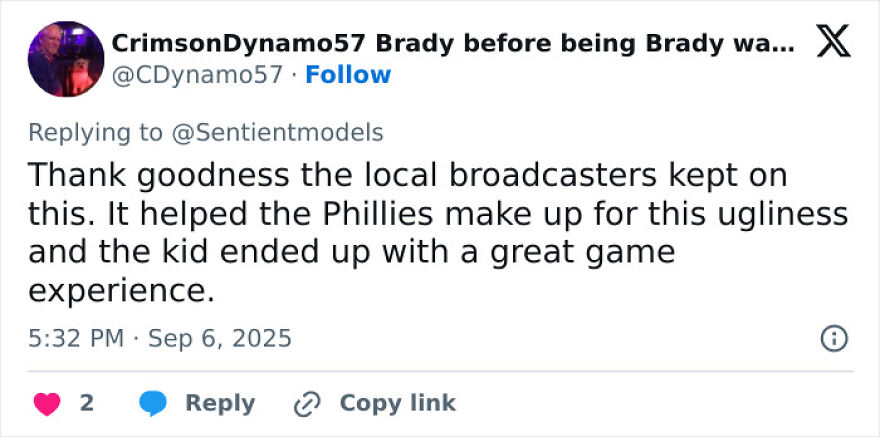 Tweet about Phillies Karen controversy, mentioning local broadcasters and a positive game experience for a kid. Tweet about Phillies Karen controversy, mentioning local broadcasters and a positive game experience for a kid.
