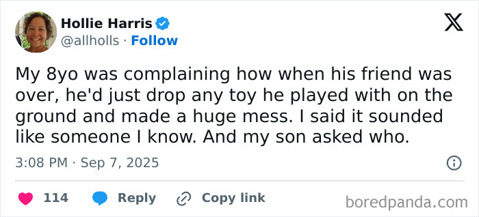 Tweet by Hollie Harris humorously sharing a parenting moment about her 8-year-old and toy messes.