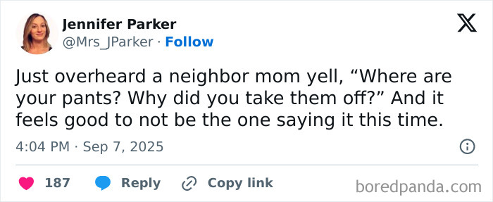 Screenshot of a humorous parenting post on social media about overhearing a mom yelling to a child.
