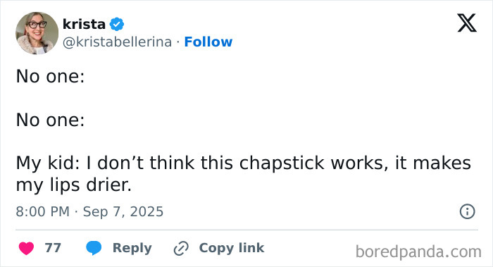 Tweet about a child's funny complaint on chapstick, featuring parenting posts that might make you chuckle.