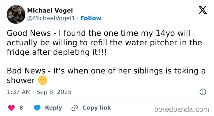 Parenting post about a 14-year-old refilling the water pitcher only when a sibling is in the shower, funny family moment.