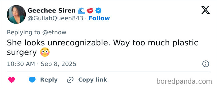 Twitter user comments on Jessica Simpson's unrecognizable appearance sparking plastic surgery rumors at VMAs red carpet. Twitter user comments on Jessica Simpson's unrecognizable appearance sparking plastic surgery rumors at VMAs red carpet.