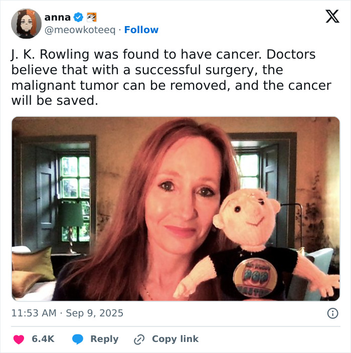 Alt text: J.K. Rowling team addressing viral cancer rumor amid intense public reactions in a cozy indoor setting. Alt text: J.K. Rowling team addressing viral cancer rumor amid intense public reactions in a cozy indoor setting.