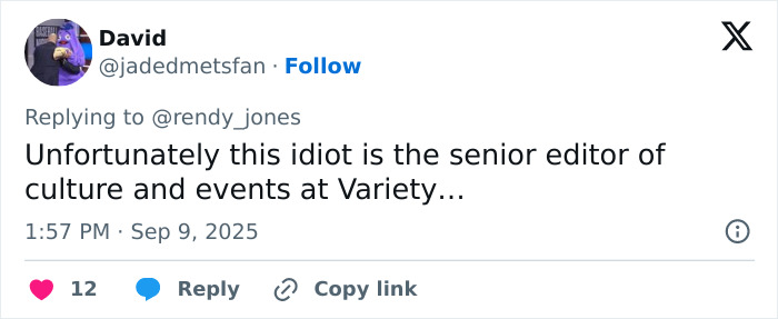 Twitter reply screenshot from user David criticizing a Variety senior editor, related to Chase Infiniti’s response to a reporter’s question. Twitter reply screenshot from user David criticizing a Variety senior editor, related to Chase Infiniti’s response to a reporter’s question.