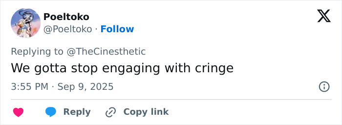 Tweet from user Poeltoko replying to @TheCinesthetic saying "We gotta stop engaging with cringe" on X platform. Fans praise Chase Infiniti's response. Tweet from user Poeltoko replying to @TheCinesthetic saying "We gotta stop engaging with cringe" on X platform. Fans praise Chase Infiniti's response.