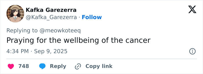 Twitter user replying with a message praying for the wellbeing of the cancer amid J.K. Rowling team rumor reactions. Twitter user replying with a message praying for the wellbeing of the cancer amid J.K. Rowling team rumor reactions.