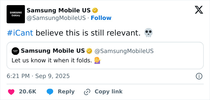 Samsung Mobile US tweet mocking a new iPhone, hinting at foldable phones and engaging in brand rivalry on social media. Samsung Mobile US tweet mocking a new iPhone, hinting at foldable phones and engaging in brand rivalry on social media.