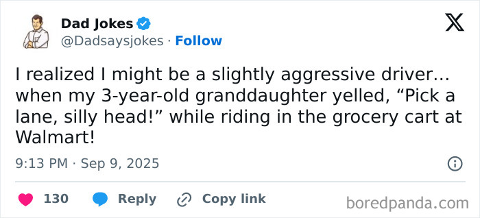 Screenshot of a humorous parenting post on social media about a granddaughter’s funny comment at Walmart.