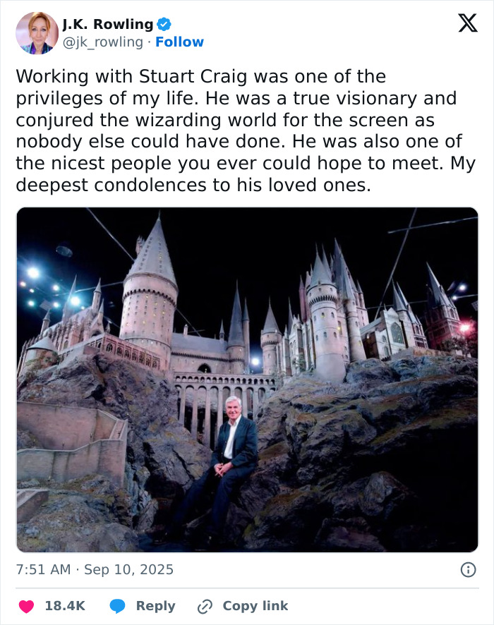 J.K. Rowling team statement on viral cancer rumor with emotional reactions, featuring a tribute image of a man by Hogwarts castle. J.K. Rowling team statement on viral cancer rumor with emotional reactions, featuring a tribute image of a man by Hogwarts castle.