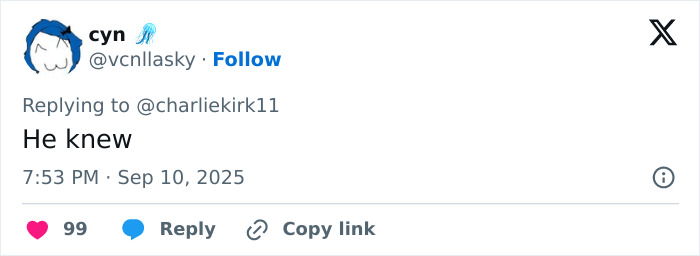 Screenshot of a social media reply to Charlie Kirk’s post, referencing an eerie prediction about his passing. Screenshot of a social media reply to Charlie Kirk’s post, referencing an eerie prediction about his passing.