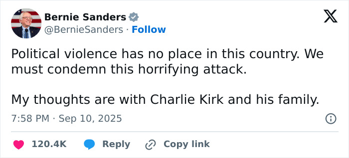 Tweet from Bernie Sanders condemning political violence and expressing support for Charlie Kirk’s family amid ongoing manhunt. Tweet from Bernie Sanders condemning political violence and expressing support for Charlie Kirk’s family amid ongoing manhunt.