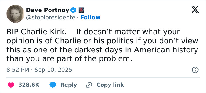 Tweet from Dave Portnoy mourning Charlie Kirk, highlighting the darkest days and ongoing manhunt for the culprit. Tweet from Dave Portnoy mourning Charlie Kirk, highlighting the darkest days and ongoing manhunt for the culprit.