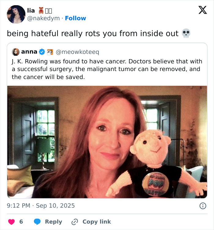 J.K. Rowling in a cozy room holding a plush doll, addressing viral cancer rumor with her team’s silence response. J.K. Rowling in a cozy room holding a plush doll, addressing viral cancer rumor with her team’s silence response.