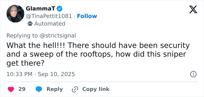 Tweet discussing concerns over security and rooftops in relation to Charlie Kirk sniper’s rooftop nest revealed in photos. Tweet discussing concerns over security and rooftops in relation to Charlie Kirk sniper’s rooftop nest revealed in photos.
