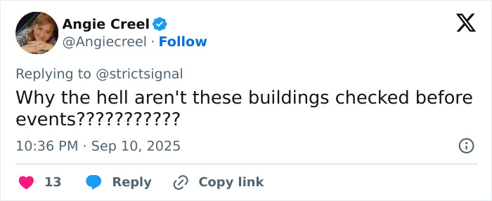Screenshot of a tweet questioning why buildings are not checked before events in relation to Charlie Kirk sniper’s rooftop nest. Screenshot of a tweet questioning why buildings are not checked before events in relation to Charlie Kirk sniper’s rooftop nest.