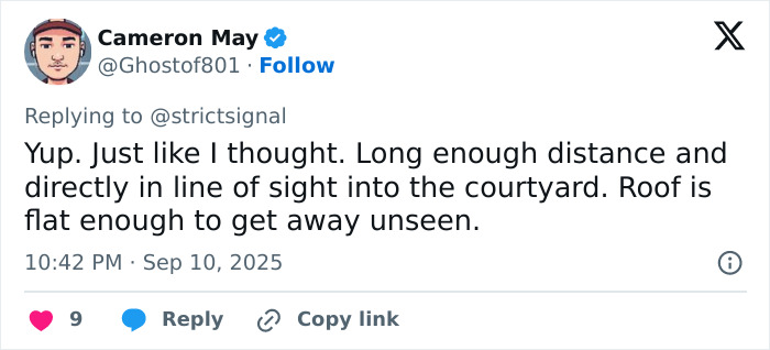 Tweet showing analysis of sniper’s rooftop nest with line of sight into courtyard, highlighting attacker’s exact point of view. Tweet showing analysis of sniper’s rooftop nest with line of sight into courtyard, highlighting attacker’s exact point of view.