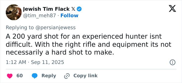 Screenshot of a tweet discussing the difficulty of a 200-yard shot with the right rifle and equipment. Screenshot of a tweet discussing the difficulty of a 200-yard shot with the right rifle and equipment.