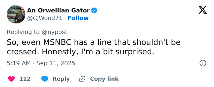 Tweet by An Orwellian Gator discussing commentator remarks and firing after Utah tragedy, highlighting reaction on social media. Tweet by An Orwellian Gator discussing commentator remarks and firing after Utah tragedy, highlighting reaction on social media.