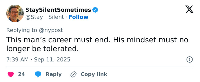 Tweet from commentator StaySilentSometimes calling for career end after unacceptable Charlie Kirk remarks following Utah tragedy. Tweet from commentator StaySilentSometimes calling for career end after unacceptable Charlie Kirk remarks following Utah tragedy.
