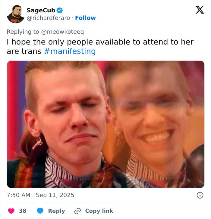 Tweet showing a man with two superimposed expressions amid discussions on J.K. Rowling team cancer rumor reactions. Tweet showing a man with two superimposed expressions amid discussions on J.K. Rowling team cancer rumor reactions.