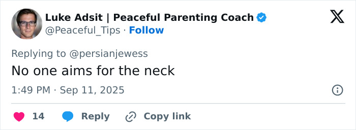 Tweet from Luke Adsit discussing shooting, with text no one aims for the neck and timestamp September 11, 2025. Tweet from Luke Adsit discussing shooting, with text no one aims for the neck and timestamp September 11, 2025.