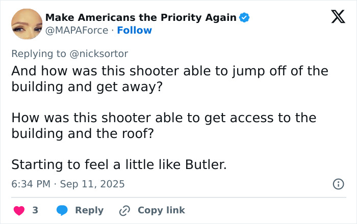 Tweet discussing how the Charlie Kirk sniper accessed the rooftop and escaped after the attacker's shot. Tweet discussing how the Charlie Kirk sniper accessed the rooftop and escaped after the attacker's shot.