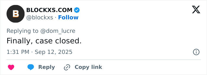 Screenshot of a BLOCKXS.COM tweet stating case closed, related to FBI director revealing details of Charlie Kirk's assassin's capture. Screenshot of a BLOCKXS.COM tweet stating case closed, related to FBI director revealing details of Charlie Kirk's assassin's capture.