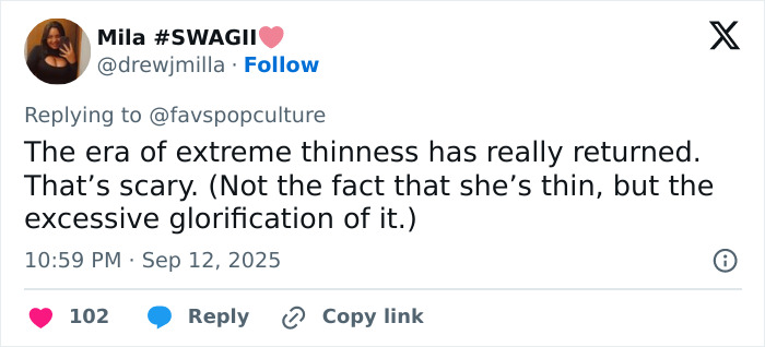 Tweet expressing concern about the era of extreme thinness and its impact on body image perception online. Tweet expressing concern about the era of extreme thinness and its impact on body image perception online.