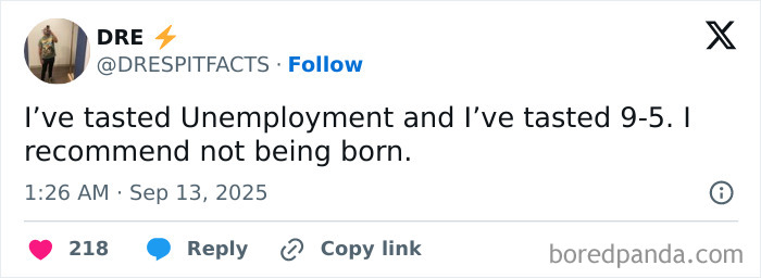 Screenshot of a funny tweet about unemployment and work hours, part of the funniest tweets of September collection.
