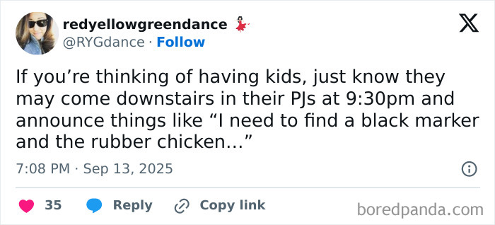 Tweet humor about parenting moments like kids coming downstairs in pajamas at night seeking random items.