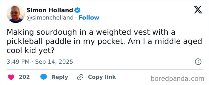 Tweet by Simon Holland sharing a humorous post about sourdough and middle aged life in a parenting posts collection.