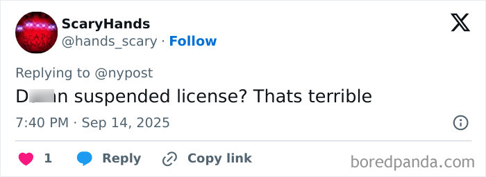 Tweet from user ScaryHands reacting with concern about a maniac driver’s suspended license after running over a teen.