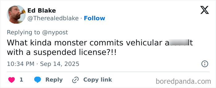 Tweet by Ed Blake questioning a maniac driver's actions after running over a teen with a suspended license.