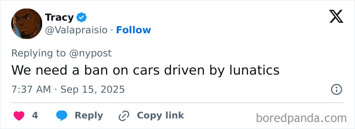 Screenshot of a tweet criticizing maniac drivers after a teen was hit by a car following a rejected advance incident.
